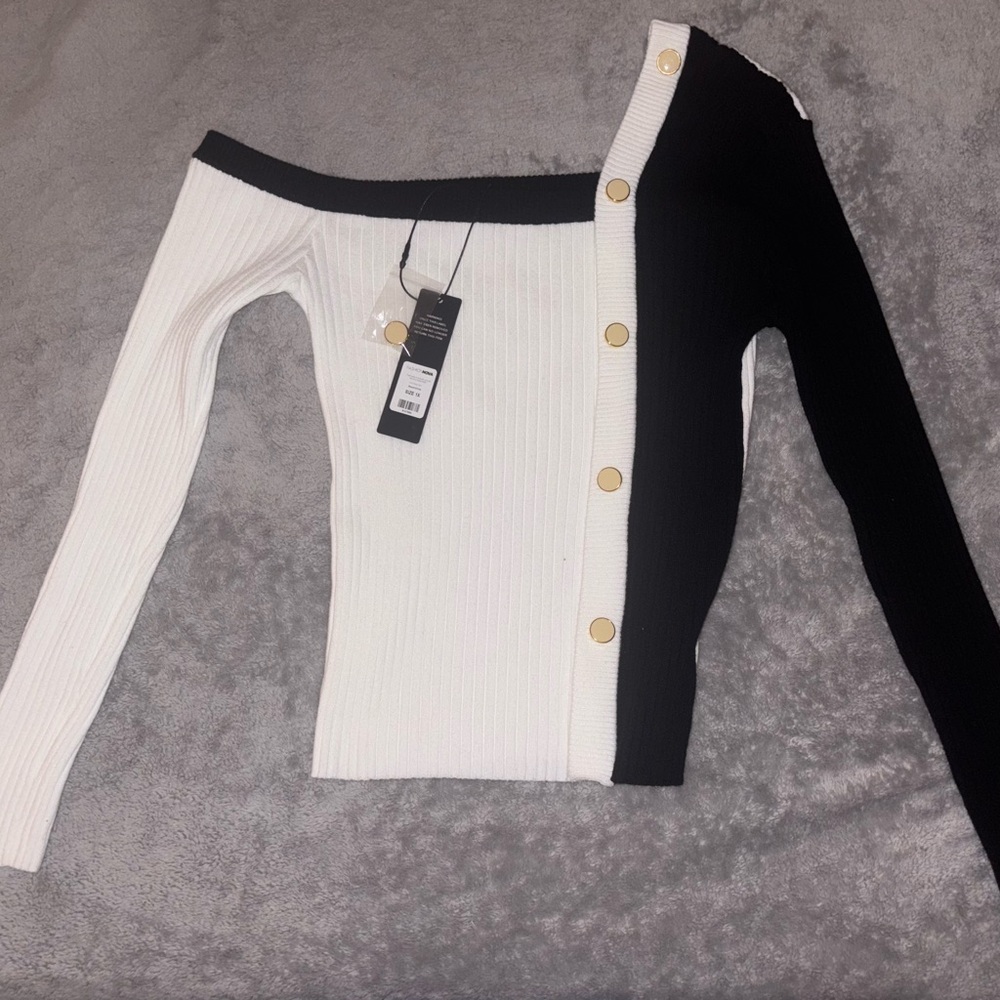 Fashion Nova Black and White Off-the-Shoulder Sweater